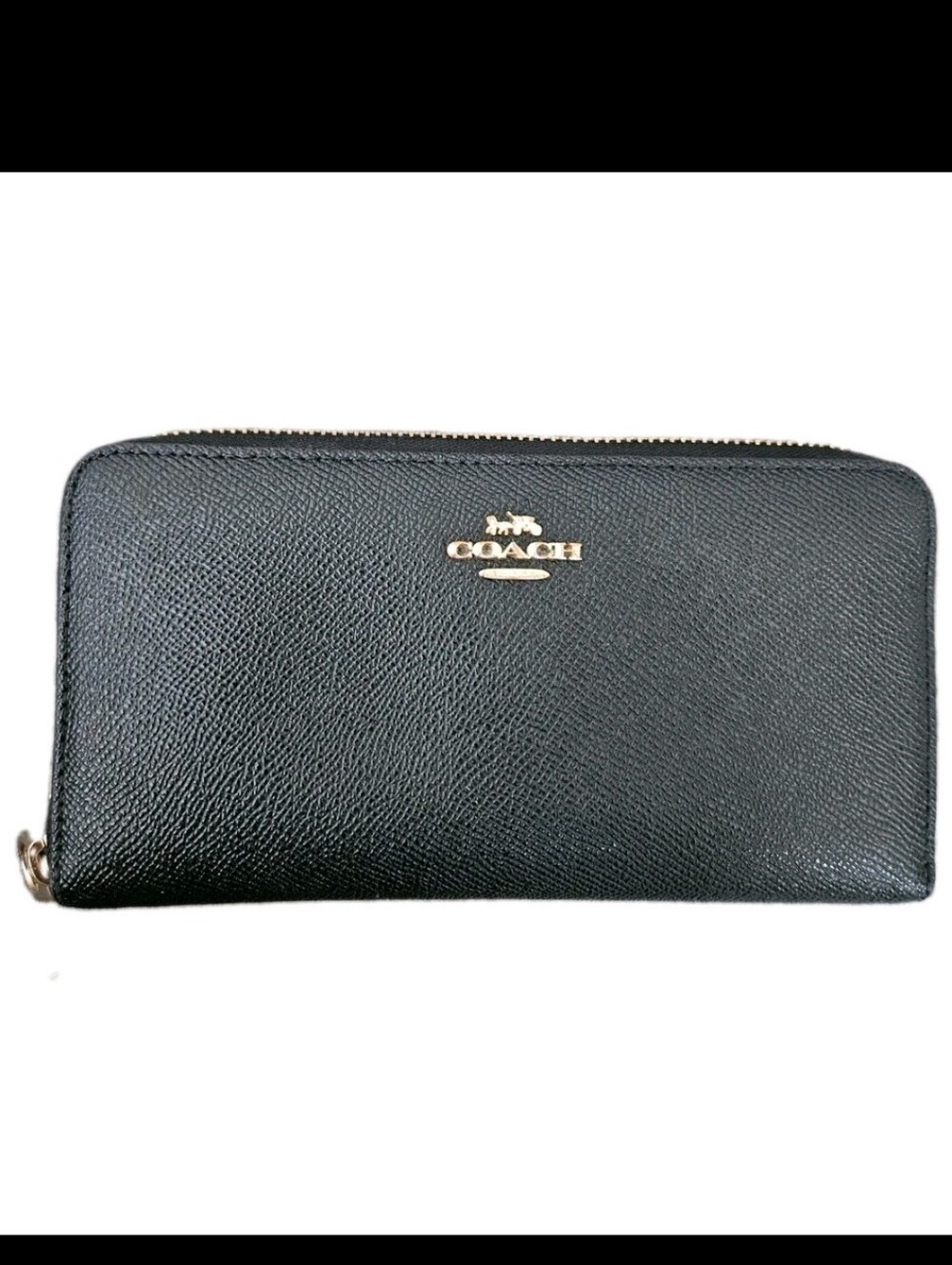 COACH Black Crossgrain Leather Accordion Zip Around Long Wallet Gold Hardware